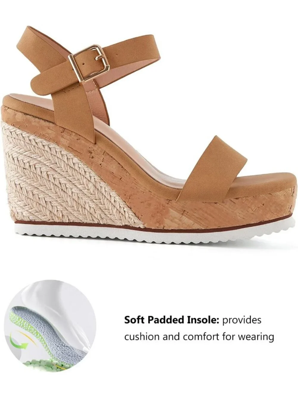 Women's Tan Espadrille Wedge Platform Sandal Open Toe Ankle Buckle Strap Shoes